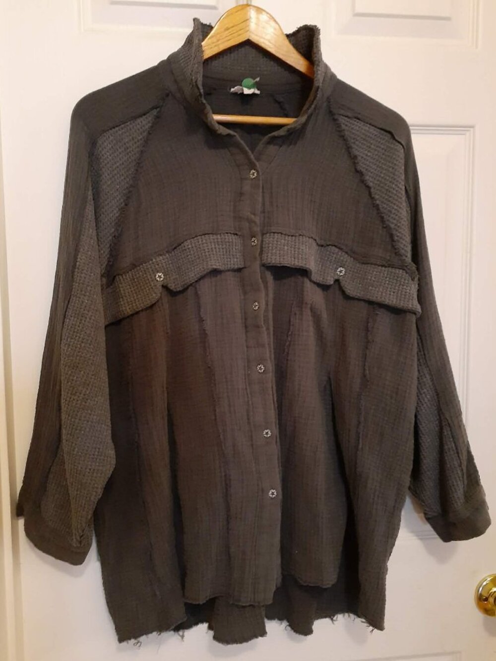 POL Raw Hem Grey Lightweight Lagenlook Shacket Button Up Shirt